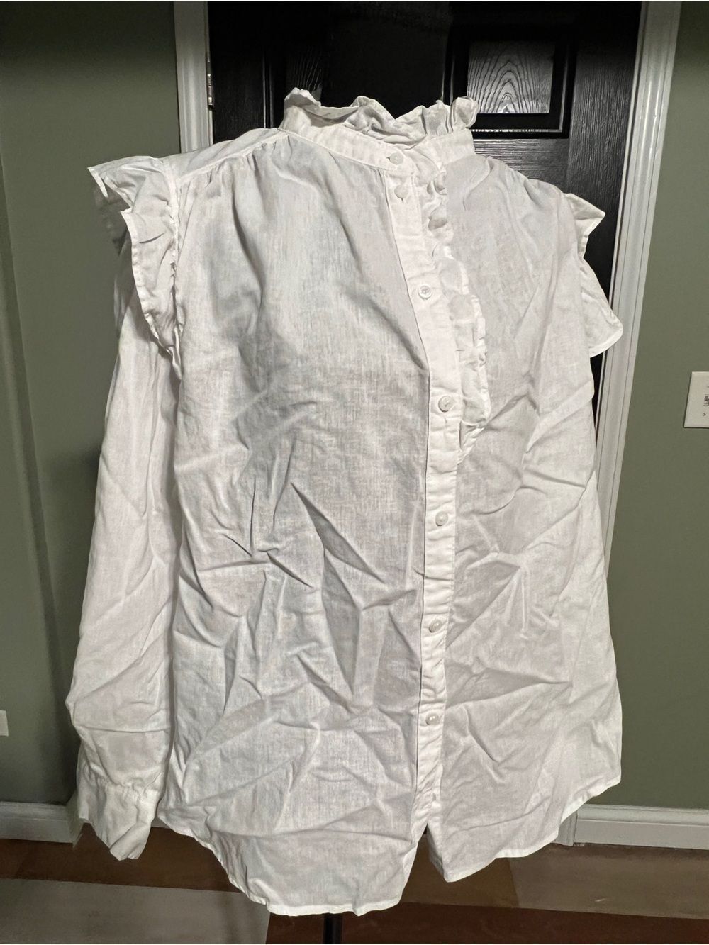 H&M White Linen-Blend Button Shirt with Ruffle Trim